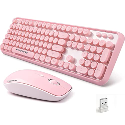 Wireless Keyboard and Mouse Combo - Cute Colorful Keyboard and Mouse, Retro Typewriter Keyboard with 2.4GHz Plug & Play, for Windows 11/10/7, Laptop, PC (Pink) - color: Pink