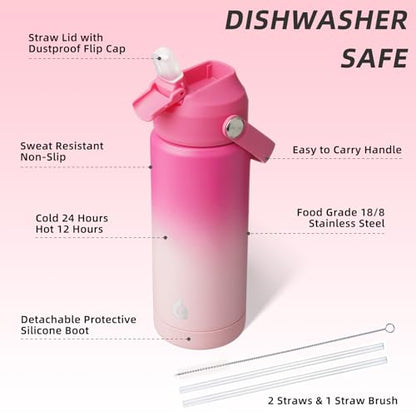 BJPKPK Insulated Water Bottle with Straw Lid, 18oz Thermo Water Bottles with Soft Nozzle, Flex Handle & Non-slip Boot, BPA Free Leak Proof Stainless Steel Metal Thermo, Tumblers, Cups,Cherry - color: Cherry, size: 18 Ounces