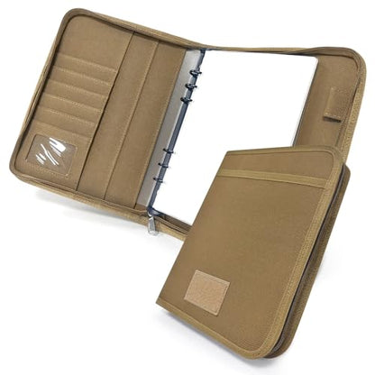 Tactical Notebook Cover, A5 Padfolio 6 Ring Binder with Big Back Pocket & Hand Strap, Zippered Hardcase Planner for Journal, College, Office, Field (Khaki, A5(7.3 x 10 inches)) - color: Khaki, size: A5