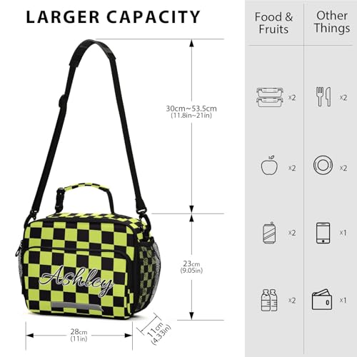 Custom Student Lunch Bag for Boys Girls Yellow Black Checkered Personalized Lunch Box With Name Insulated Cooler Bag for School Picnic Travel - color: Multi02