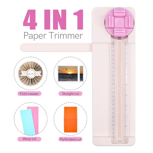 4-in-1 Paper Trimmer, 4Style Multi-Function Scrapbooking Tool with Dial Blades of Straight, Wave, Dotted, Perforated, Creasing, 9" Craft Paper Cutter for Cutting Carstock,Coupons,Photos,Scrapbook Card - color: Pink