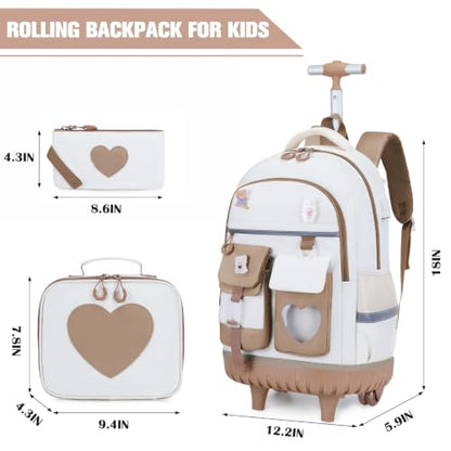 ACESAK Rolling Backpack for Girls - Roller Wheels School Bookbag with Lunch Bag & Pencil Pouch for Teen Girls Kids Wheeled Suitcase Backpacks, Elementary Middle School Travel Daypack (Khaki White) - color: Khaki-white