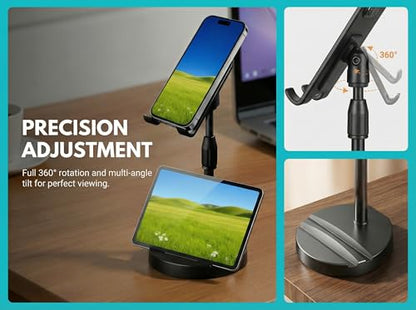 Adjustable Height Phone and Tablet Stand, Dual Device Holder with 360° Rotation, Sturdy Non-Sturdy Non-Slip Base with Card Slot for Livestream, Watching Videos, Work, Gaming