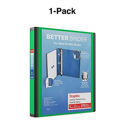 Staples Better View 1-Inch D-Ring Binder, Green – Durable 3-Ring Binder with Clear Overlay for School & Office - color: Green, size: 1-Inch, style: 1 Pack