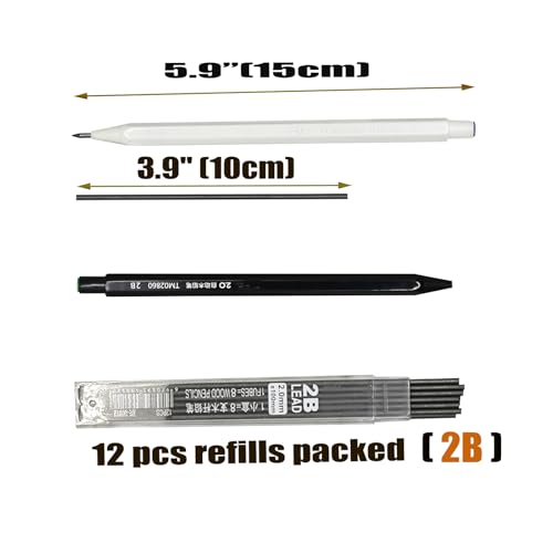 12-Pack Hexagonal Mechanical Pencils 2.0mm, 2B Lead Grade, with Built-in Sharpener (Black & White Mix) + 10 Extra Refill Leads