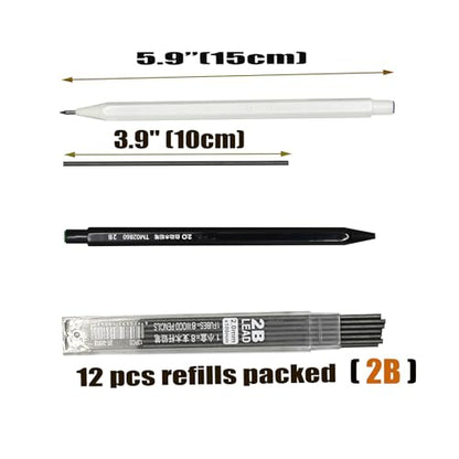 12-Pack Hexagonal Mechanical Pencils 2.0mm, 2B Lead Grade, with Built-in Sharpener (Black & White Mix) + 10 Extra Refill Leads