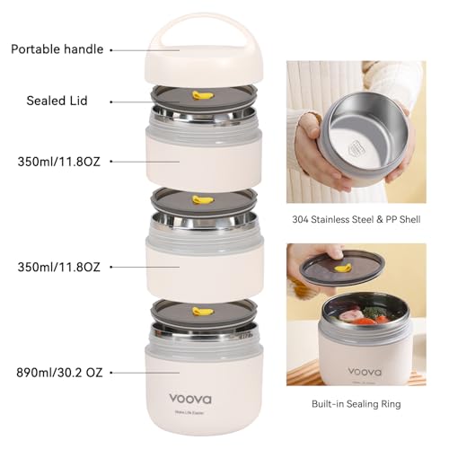 Voova Stackable Stainless Steel Thermal Lunch Box with Lunch Bag and Cultery Set for Adult Women Men, 3 Tier Leakproof & Microwave Safe Insulated Bento Boxes Food Container for Work, Beige - color: Beige