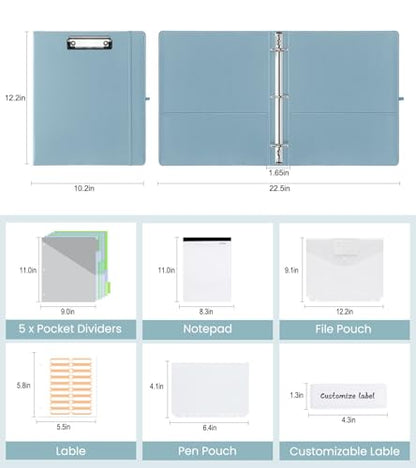 3 Ring Binder with Clipboard,1 Inch Binders with Notepad&5 Dividers with Pockets, Labels,PU Clipboards for School Office(Blue,Letter Size) - color: Blue, size: Letter Size - 1 Inch