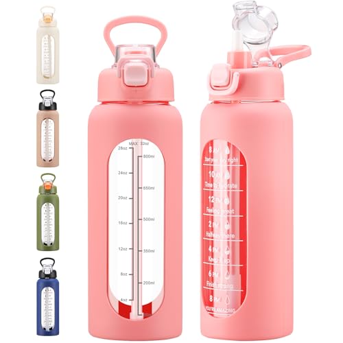 chunmo 32 oz Glass Water Bolttles with Straw Large Motivational Water Bottle with Time Marker Sports Water Bottles with Silicone Sleeve and Handle Lid Water Jug for Gym Workout - color: Pink, size: 32 Ounces
