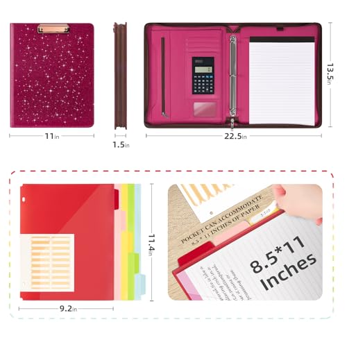 Ospelelf Zipper Clipboard with Storage, Leather Padfolio Portfolio Folder, 3 Ring Binder Dividers with Tabs, 12.1” Tablet Sleeve, Refillable Notepad, Card Slot (Rose Red) - color: Rose Red