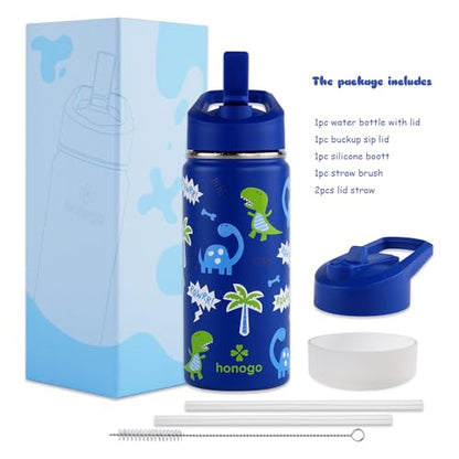 16 oz Stainless Steel Insulated Kids Water Bottle, Leak Proof Metal Thermal Flask with Straw lid, Cute Toddler Tumbler Cup for School Girls & Boys (Blue, Dino) - color: Blue, Dino