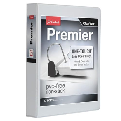 Cardinal 3 Ring Binder, 2 Inch Premier Easy Open Binder, ONE-Touch Locking Slant-D Rings, 565-Sheet Capacity, ClearVue Cover, PVC-Free, White (10320) - size: 2-Inch (Pack of 1)