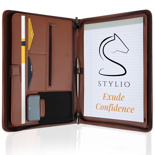 STYLIO Zipper Padfolio Portfolio Binder Organizer (Tan Color) | Faux Leather Portfolio for Resume, Documents, Phone, Tablet, Business Supplies and Cards | Letter Sized Notepad Included | Brown - color: Tan, style: Executive Zip-Up Portfolio