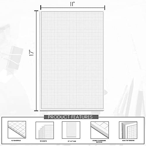 Performore 2 Pack of Grid Paper Pads, 50 Sheets per Pad 11" x 17" Graph Paper Glue Top Binding Double Sided 4x4 Quadrille White Paper for Engineering Or Technical Drawings, Blueprint, Drafting - size: 11" X 17" - 2 Pack