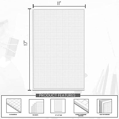 Performore 2 Pack of Grid Paper Pads, 50 Sheets per Pad 11" x 17" Graph Paper Glue Top Binding Double Sided 4x4 Quadrille White Paper for Engineering Or Technical Drawings, Blueprint, Drafting - size: 11" X 17" - 2 Pack