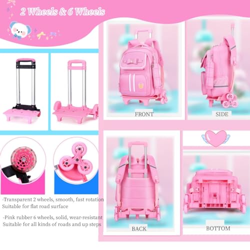MITOWERMI Rolling Backpack for Girls Cute Trolley Bags Primary School Bookbags with Wheels Kids Carry-On Wheeled Backpack with Lunch Bag - color: 3pcs Purple 2 Wheels, style: 2 Wheels Trolley + Backpack Sets