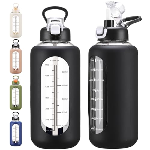 chunmo 64 oz Glass Water Bolttles with Straw Half Gallon Large Motivational Water Bottle with Time Marker Sports Water Bottles with Silicone Sleeve and Handle Lid Water Jug for Gym Workout - color: Black, size: 64 Ounces