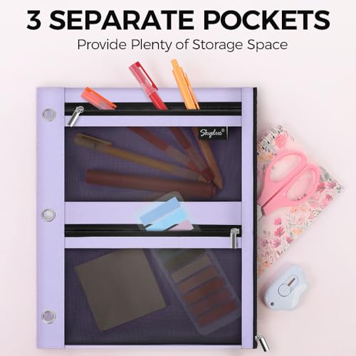 SKYDUE 3 Ring Pencil Pouch for Binder, Zipper Binder Pencil Pouch with 3 Pockets and Mesh Window, Durable Organizer for School Supplies, Cables, Earbuds, Makeup - color: Purple