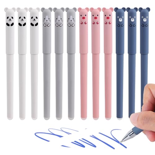 0.4mm Erasable Gel Pens,12 Pack Cute Cartoon Animal Rollerball Gel Ink Pens Refillable Pens for Adult Writing Kids Calligraphy Note Taking (12 Blue Ink) - color: 12 Blue