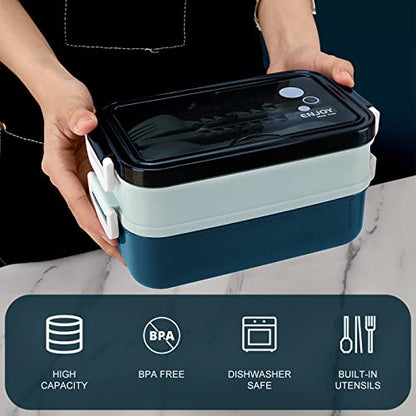 2-Tier Bento Lunch Box for Men & Adults with Insulated Lunch Bag | 50 OZ Large Capacity Bento Box with BPA-Free Utensils & Cup & Sauce Container, Leakproof, Microwave Safe for Work & Meal Prep - color: Blue
