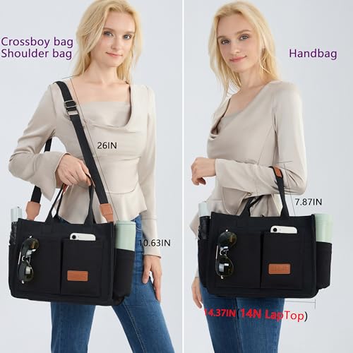 ZHMO Canvas Tote Bag for Women,Women's Bags Crossbody Bags Work Laptop Tote Bag Large Handbags Purse for Travel Nurse Teacher - color: New Upgrade Black With Compartments and Inner Cup Holders