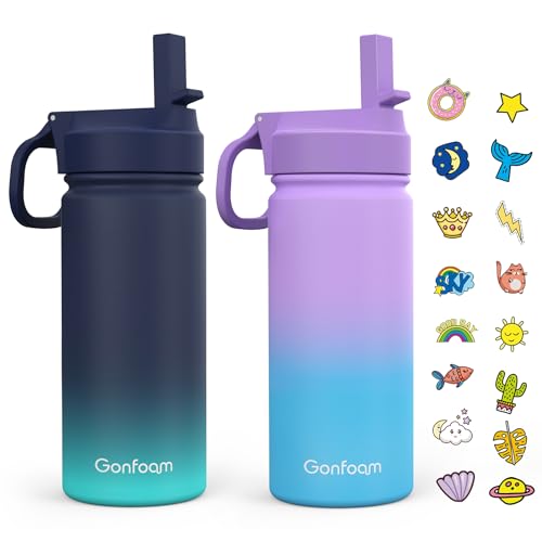 Gonfoam 16oz Kids Stainless Steel Insulated Water Bottle, 2 Pack | DIY Stickers, BPA-free, Leak-proof, Sturdy, Keeps Cold 24h, Easy to Carry, Easy to Clean, Back to School, Gifts - color: Blue/Purple, size: 16 Ounces