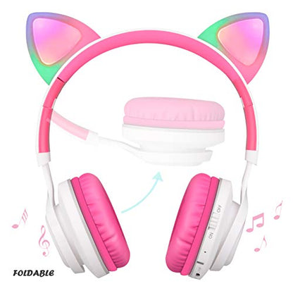Riwbox CT-7 Cat Ear Bluetooth Headphones, LED Light Up Bluetooth Wireless Over Ear Headphones with Microphone and Volume Control for Travel/School/Smartphones/Laptop/PC/TV (White&Pink) - color: White&Pink