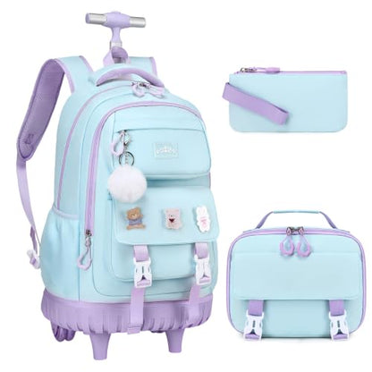 3-IN-1 Rolling Backpack for Girls with Lunch Bag Pencil case, Kawaii Backpack with Wheels for Girls, Roller School Bag with Wheels for Teen Elementary School Bookbags with Cute Pins Aquamarine-Purple - color: Aquamarine-purple