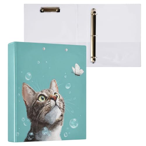 Fustylead Tabby Cat Butterfly Andf Bubble Cyan 3 Ring Binder, D-Rings 1.5" Hardcover Folder, Fits 200 Sheets of A4 Paper, Durable Clipboard & Clean View with Inside Pockets for School Home Office - size: 12.4x10.63x2.36 Inch-1 Pack