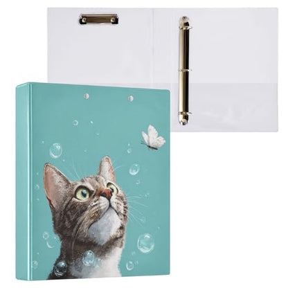 Fustylead Tabby Cat Butterfly Andf Bubble Cyan 3 Ring Binder, D-Rings 1.5" Hardcover Folder, Fits 200 Sheets of A4 Paper, Durable Clipboard & Clean View with Inside Pockets for School Home Office - size: 12.4x10.63x2.36 Inch-2 Pack
