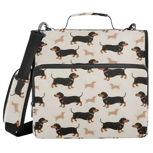 Dachshund Pattern Zipper Binder 3 Ring with Handle and Shoulder Strap, 500 Sheet Binder Organizer Capacity & Multi-Pockets for School Office