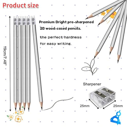 Adhere 25pcs Woodcase Pencils with Eraser Premium Pre-Sharpened Hexagon Graphite 2B pencils ideal for home, office writing including a Free Sharpener (Silver・25pcs) - color: Silver・25pcs