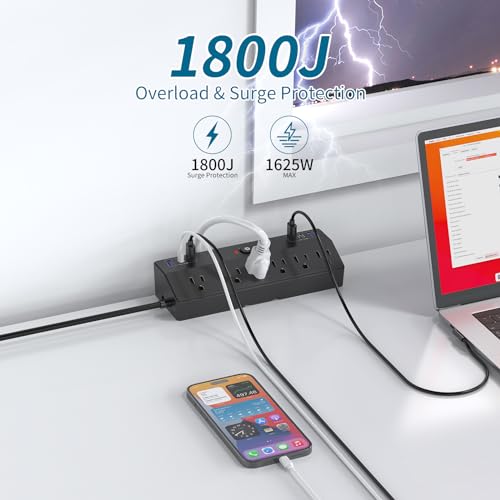 Desk Clamp Power Strip 2 USB C Desktop Mount Outlet Charging Station, 10FT Extension Cord Flat Plug with 6 AC, Removable 40W Fast Charging Surge Protector Power Strip Fits 1.8" Office Tabletop Edge