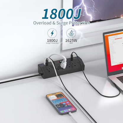 Desk Clamp Power Strip 2 USB C Desktop Mount Outlet Charging Station, 10FT Extension Cord Flat Plug with 6 AC, Removable 40W Fast Charging Surge Protector Power Strip Fits 1.8" Office Tabletop Edge