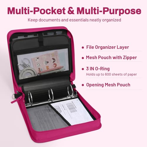 SUNEE Zipper Binder 3 Ring, 3 Inch O-Ring with Handle and Shoulder Strap, 600-Sheet Capacity, 5-Tab Expanding File Folder, Multi-Pockets for Middle School Organizer Binder with Zipper, Berry Pink - color: Berry Pink