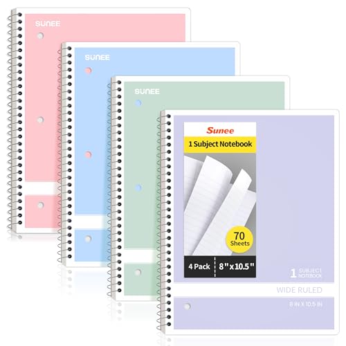 SUNEE Spiral Notebooks Wide Ruled, 1-Subject, 4 Pack, 8 x 10-1/2 in, 70 Sheets, 3-Hole Punched 70gsm Paper, Pastel Pink, Purple, Blue, Green for School, Home & Office, Writing Journal - color: Pastel
