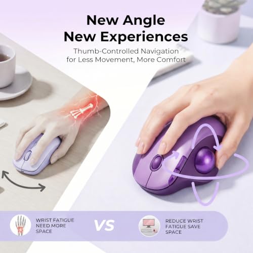 seenda Wireless Trackball Mouse, Ergonomic Bluetooth Rollerball Mouse Rechargeable, 3 Device Connection Optical Mice Adjustable DPI Thumb Control Mice Compatible for PC/Laptop/Windows/Mac - Purple - color: Purple