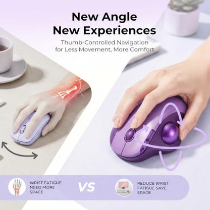 seenda Wireless Trackball Mouse, Ergonomic Bluetooth Rollerball Mouse Rechargeable, 3 Device Connection Optical Mice Adjustable DPI Thumb Control Mice Compatible for PC/Laptop/Windows/Mac - Purple - color: Purple