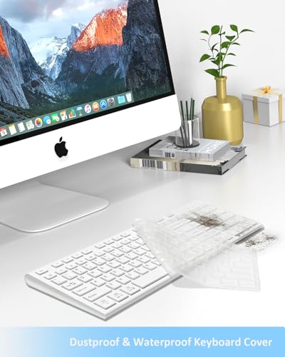 FENIFOX Wireless Keyboard, Bluetooth & 2.4G USB & USB-C Rechargeable Silent Ultra Quiet Low Profile Compact Full Size with Number Pad Soft Multi Device for Mac MacBook Windows PC - White - color: White