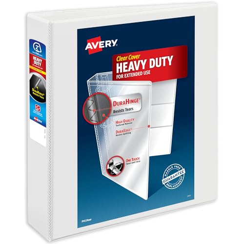 Avery Heavy-Duty View 3 Ring Binder, 2 Inch One Touch Slant Rings, 530-Sheet Capacity, DuraHinge, 2.8 Inch Wide Spine, Customizable Clear Cover and Spine, 1 White Binder (79792) - size: 2"