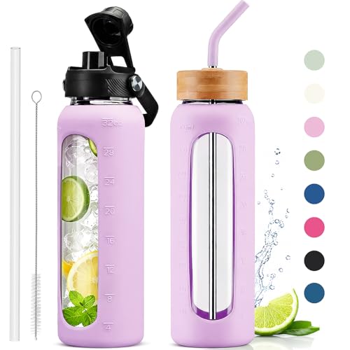 32 oz Glass Water Bottle with Straw – 2 Lids (Bamboo & Spout Lid), 1L Motivational Borosilicate Glass Daily Water Intake Bottle with Time Marker, Silicone Sleeve for Home Office-Purple - color: Light Purple, size: 32 Ounces