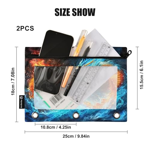 Red Fire Blue Ice Dragon Binder Pouches 3 Ring for Boys Girls School Office College Supplies Dinosaur Legend Lightning Pencil Pouches Case Bag with Clear Window and Zipper 2 Pack - color: Dragon