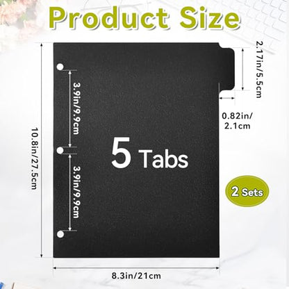 2 Set Black Binder Dividers with 5 Tabs, Plastic Binder Divider for 3 Ring Binders, 8.3 x 11 Inch Index Divider for Binders with 3 Hole for Office School Notebooks, 10 Dividers Total