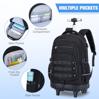 ACESAK Camo Rolling Backpack Boys, Tactical Kids Backpack Boys, Kids Suitcase for Boy Teens Elementary Middle High School, Military Backpack with Wheels and Lunch Bag Pencil Case Set (Black) - color: Black