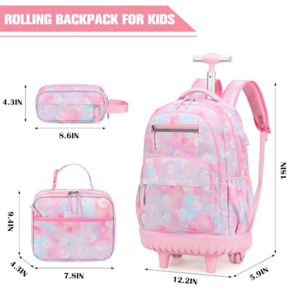 ACESAK Rolling Backpack for Girls - Roller Wheels School bag with Lunch Bag & Pencil Pouch for Teen Girls Kids Wheeled Suitcase Backpacks, Elementary Middle School Travel Daypack (Pink Gradient) - color: Pink Gradient