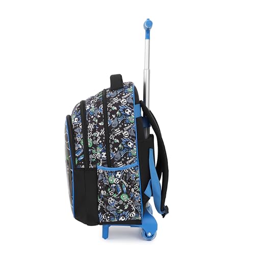 Cartoon Rolling Backpack for Boys Girls, Kids 5 Pcs Wheeled Backpack, Travel Backpack for Elementary Students (Football Black) - color: Football Black