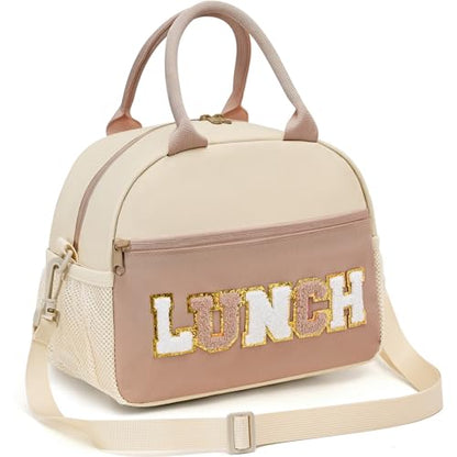 Lunch Bag for Girls and Women, Cute Preppy Lunch Bag with Chenille Letters, Insulated Large Capacity Lunch Tote with Detachable Strap for School, Work & Picnic, Coffee - color: Coffee