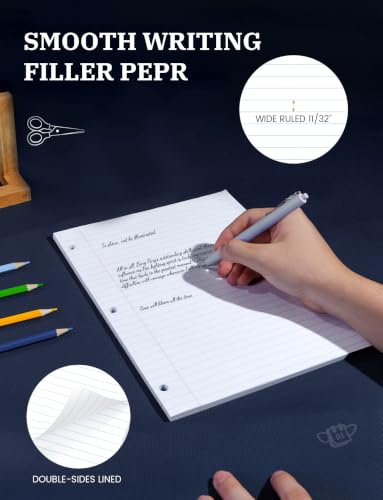 Loose Leaf Paper, 120 Sheets Notebook Paper, Binder Lined Paper Wide Ruled, 8.5'' x 11'' Loose Leaf, 3-Hole Punched Filler Writing Paper, 3-Ring Binder Note Papers, White - style: 8.5x11-Wide Ruled-1 Pack (120 Sheets)