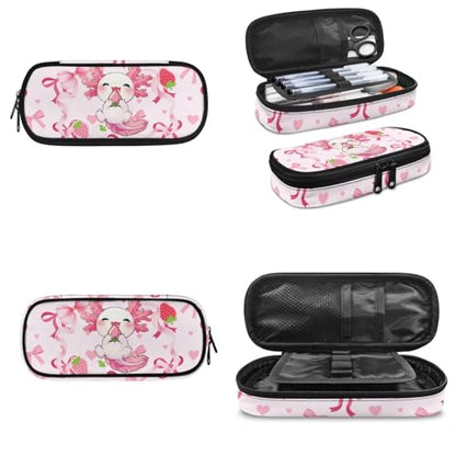 Cute Girls Bookbag & Insulated Lunch Bag & Pencil Case Set for Elementary School,Axolotl Strawberry 3-Piece Matching Backpack Lunchbox Pouch for Little Kids, Lightweight Student Supplies - color: Pink Bows-axolotl Strawberry