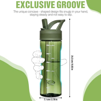 OLDLEY 20oz Kids Water Bottle with Straw, BPA-Free Tritan Water Bottle for School, Leakproof Clear Water Bottle with One Click Open, Measurement Scale, Cup Holder Friendly for Boys Girls,Army Green - color: Army Green